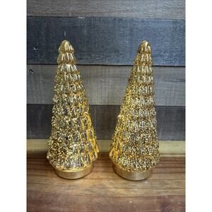 2 Gold Mercury Glass Christmas Trees 10" Lighted Decorations